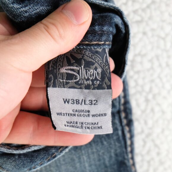 Silver Jeans Mens 38x32 Blue Zac Relaxed Bootcut Stone Wash Whiskers Y2K - Picture 10 of 11